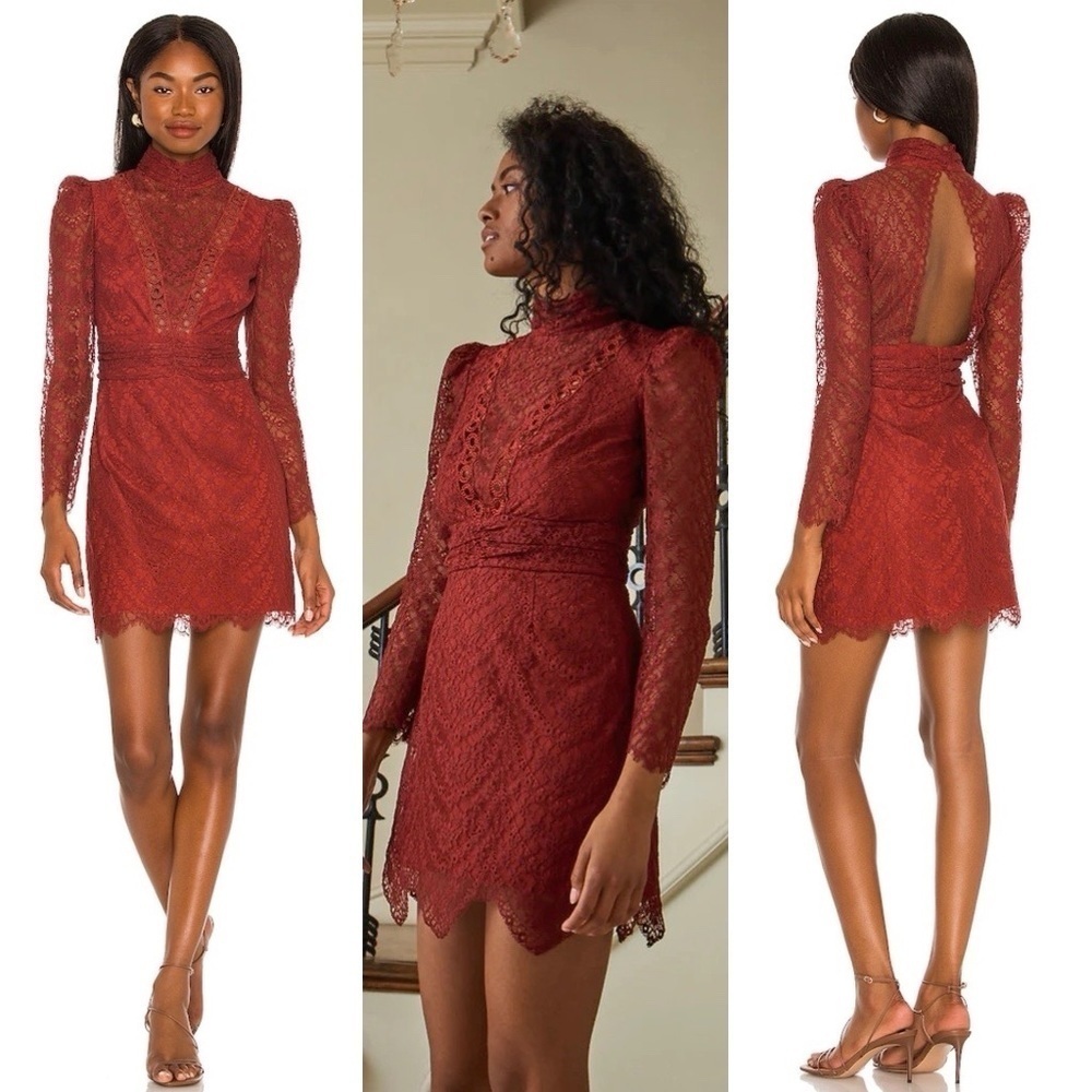 Saylor Lace Mockneck Long Sleeves Mini Celia Dress in Russet Size Medium